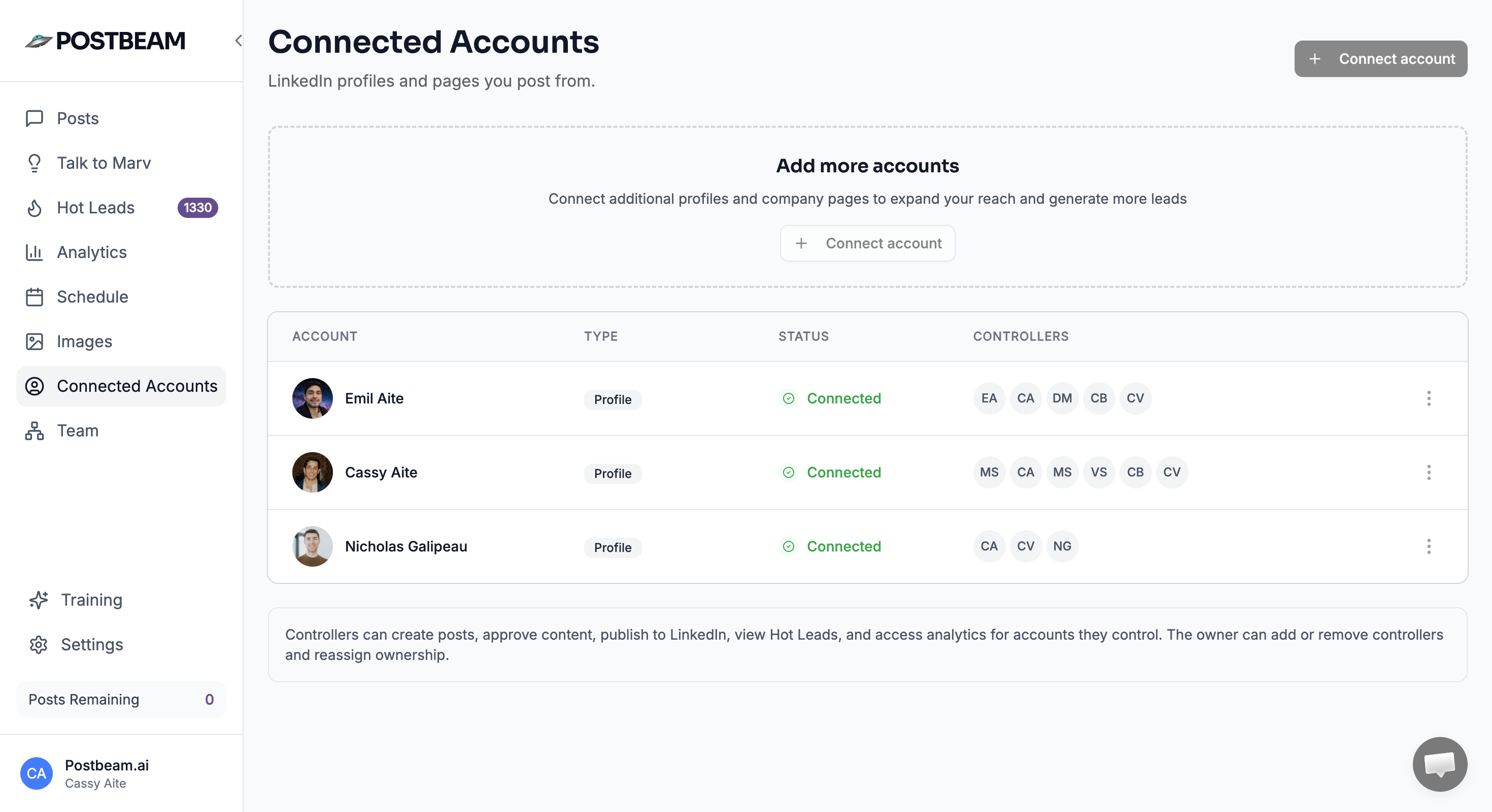 Team members connected to Postbeam for coordinated LinkedIn posting